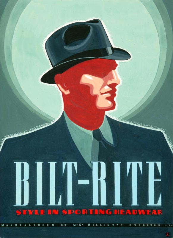 A stylised image of a suited businessman wearing a hat. The caption reads: ‘Bilt-Rite. Style in sporting headwear. Manufactured by MK Millinery Auckland NZ.’