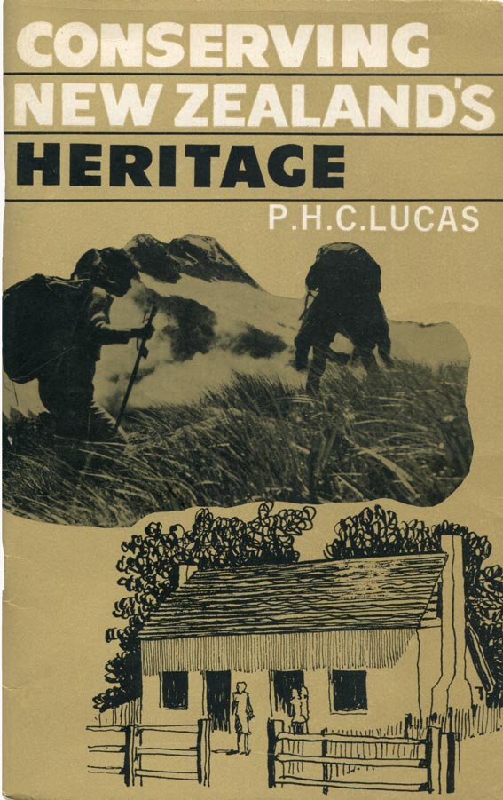 The cover of the book, showing a photograph of people tramping in an alpine setting and a sketch of a hut.