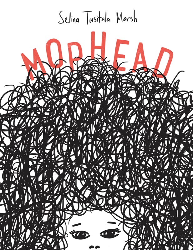 Artwork from book cover of person with large amount of curly black hair under the word 'Mophead'.