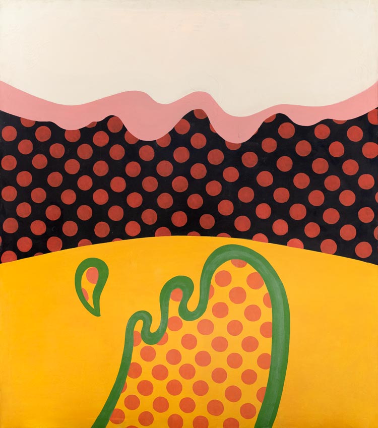 An abstract painting with waves of pink, black with red polka dots, yellow, and a green wavy shape enclosing orange polka dots.
