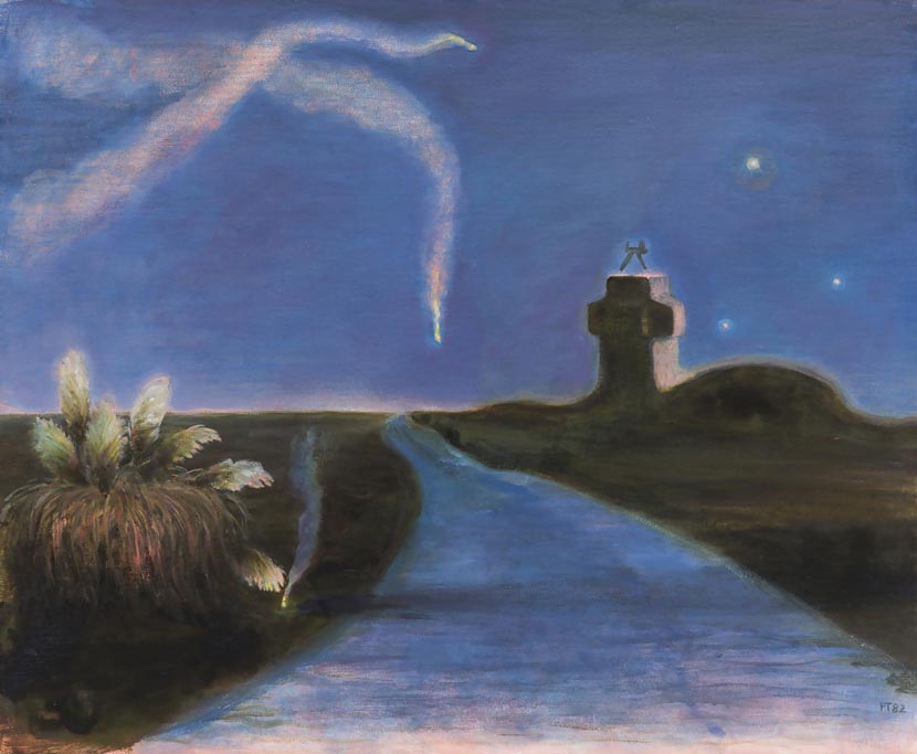 An oil painting, showing a river flowing from the centre of the picture to fill most of the lower border, under a rich blue night sky. A cruciform building mounted with a transmitter stands on the shore in the middle distance. Two fireworks with long tales cross paths in the air and there are three stars on the right side of the police station. There is a toe toe bush on the left-hand side of the frame.