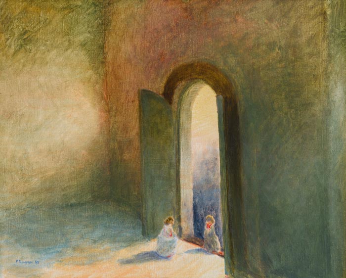 Two small figures stand in a huge doorway, one dressed in white and one in darker colours.