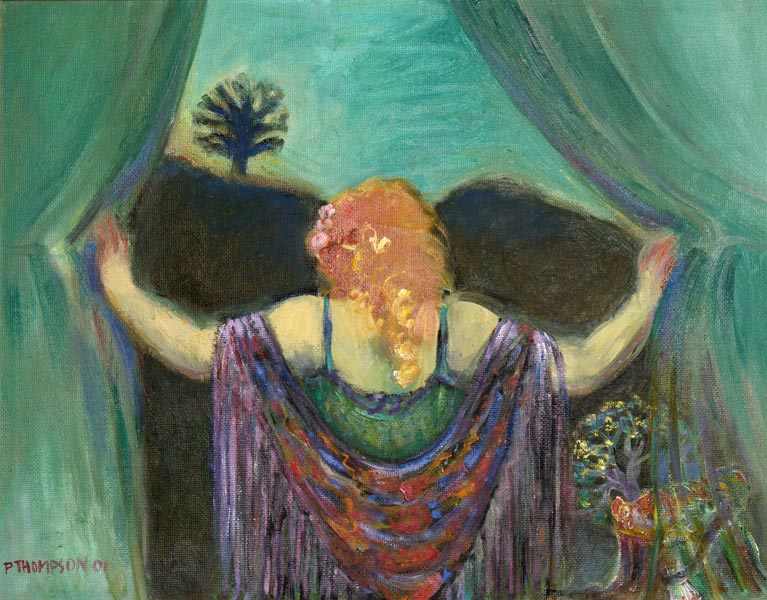 A red-haired woman in a purple shawl and green negligee looks out through a window at a night-time landscape with a tree on the horizon.