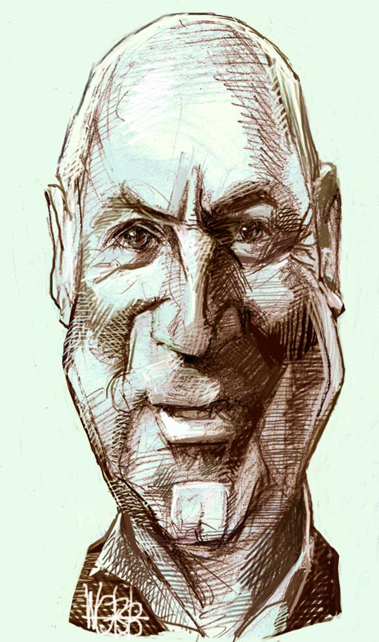 A head and shoulders cartoon portrait of a bald man.