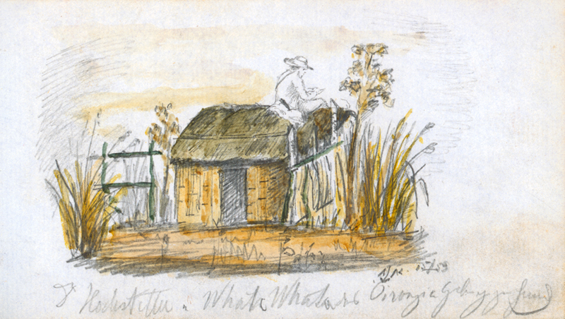 A pencil and watercolour sketch showing a man sitting on the roof of a thatched hut and drawing on a piece of paper.