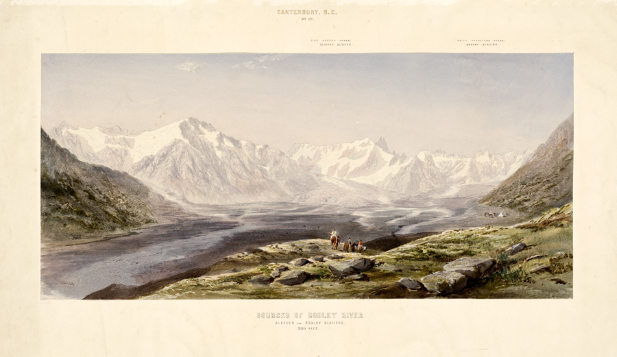 A watercolour painting of a snow-covered mountain range, with a river in the foreground.