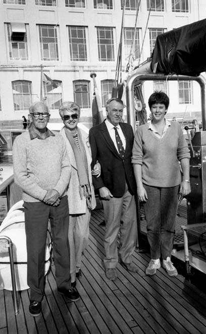 From left: John Balmain (Jack) Brooke, his daughter-in-law Elaine and son Don, and granddaughter Jennifer on board Spirit of Adventure, 1983