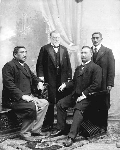 Political opponents: from left, Hēnare Kaihau, Richard Seddon, James Carroll, King Mahuta