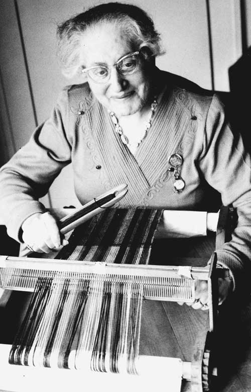 Myra Cohen at her loom at the Institute for the blind