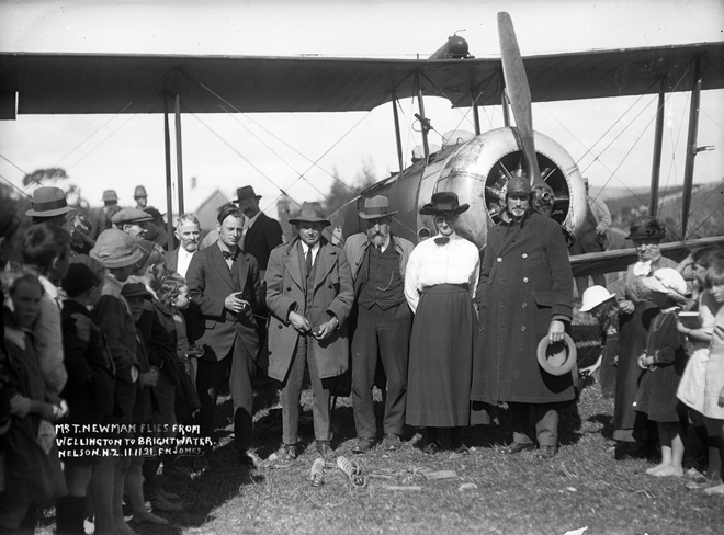 Thomas Newman with the first aircraft to land in Nelson