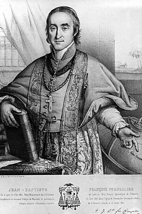 A black and white drawing of Jean-Baptiste Pompallier wearing clerical garb and holding a bible