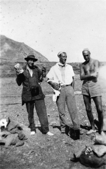 F. C. Burgess, G. S. Evatt and Nugent Herrmann Welch, at their camp near Cape Palliser lighthouse, about 1934