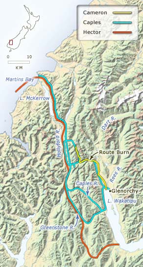 Routes of Cameron, Caples and Hector
