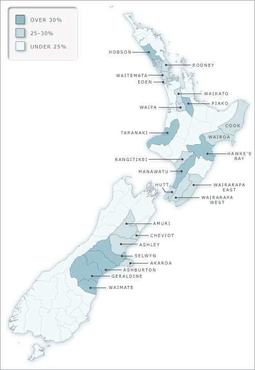 Percentage of English-born in the non-Māori population of    New Zealand counties, 1878