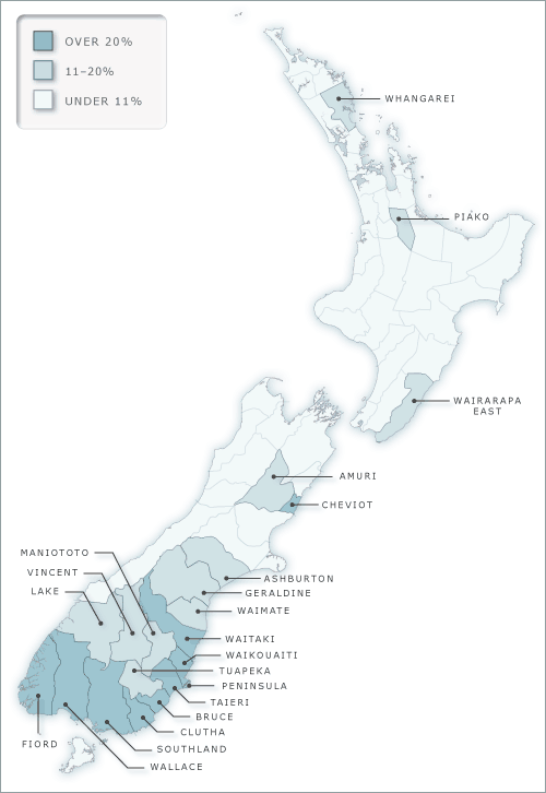 Percentage of Scottish-born among all non-Māori people in    New Zealand counties, 1878