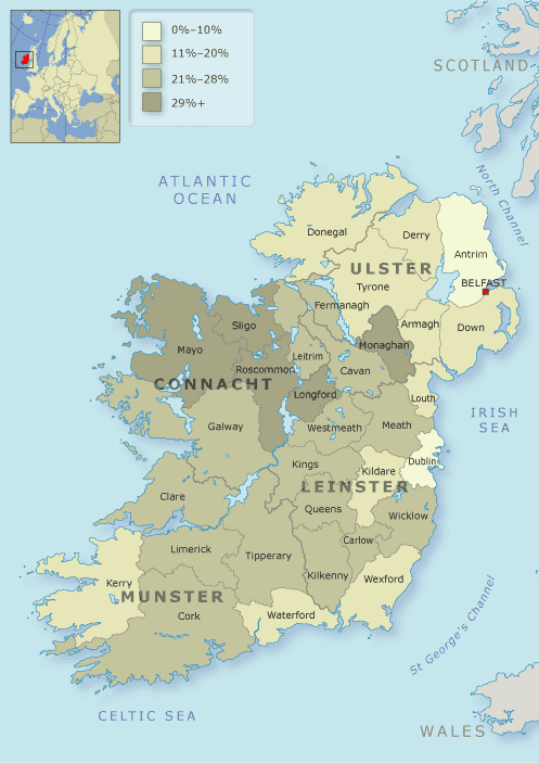 Percentage decrease of population in Ireland’s counties,    1841–51