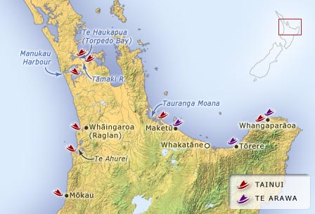 Landing places of the Tainui and Te Arawa canoes