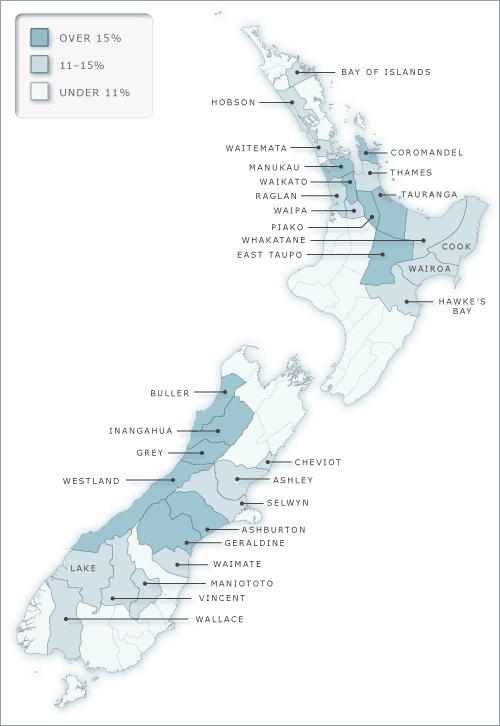 Irish-born residents as a percentage of all non-Māori, by    county, 1878