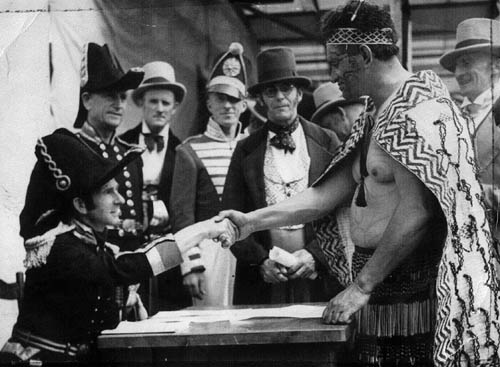 A 1940 re-enactment of the signing of the Treaty of Waitangi