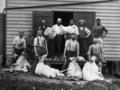 Latima George Crosse (fifth from left) with shearers at his farm, Kelvin Grove, about 1900