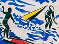 A repeating pattern showing people riding surfboards of various colours on bright blue waves, with the word ‘Whacko’.