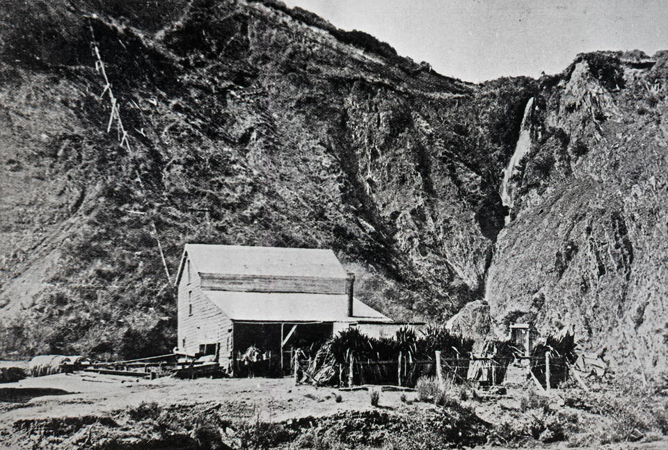 Flax mill near waterfall. Wairaka, Whakatane, Bay of Plenty. 1903.