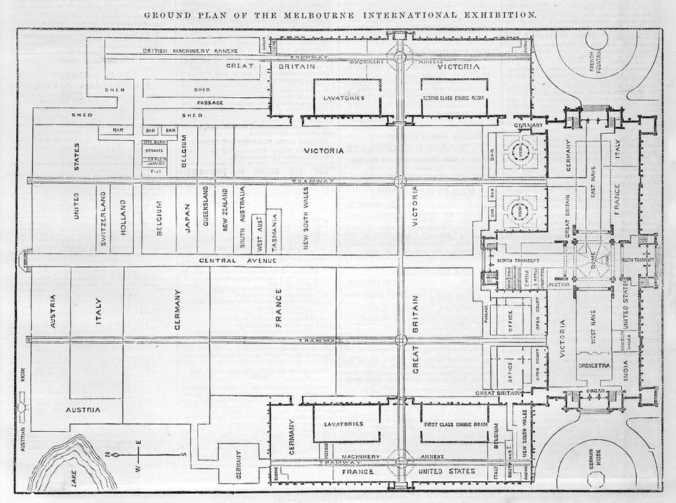 Ground plan of the Melbourne International Exhibition, Australia, 1880–81. The New Zealand court included carvings from Mataatua. Image by David Syme and Co. 1880