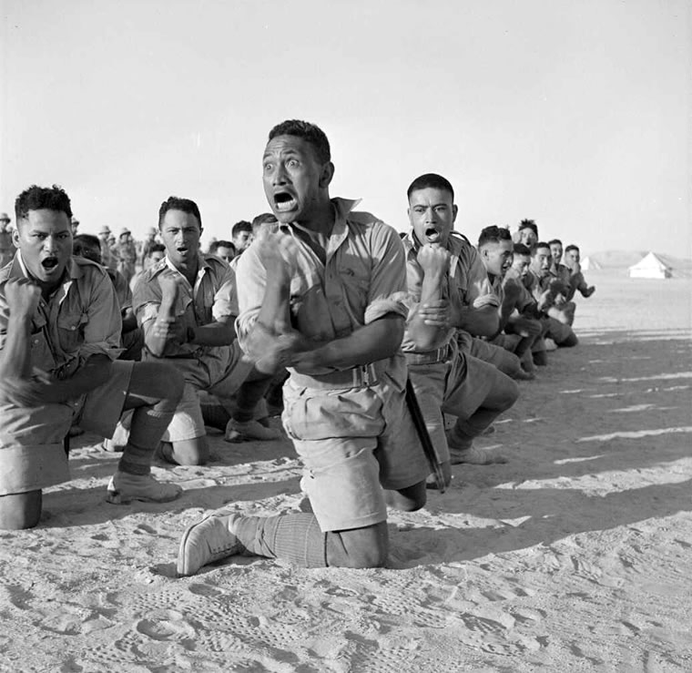 Maori battalion performing haka in the desert.