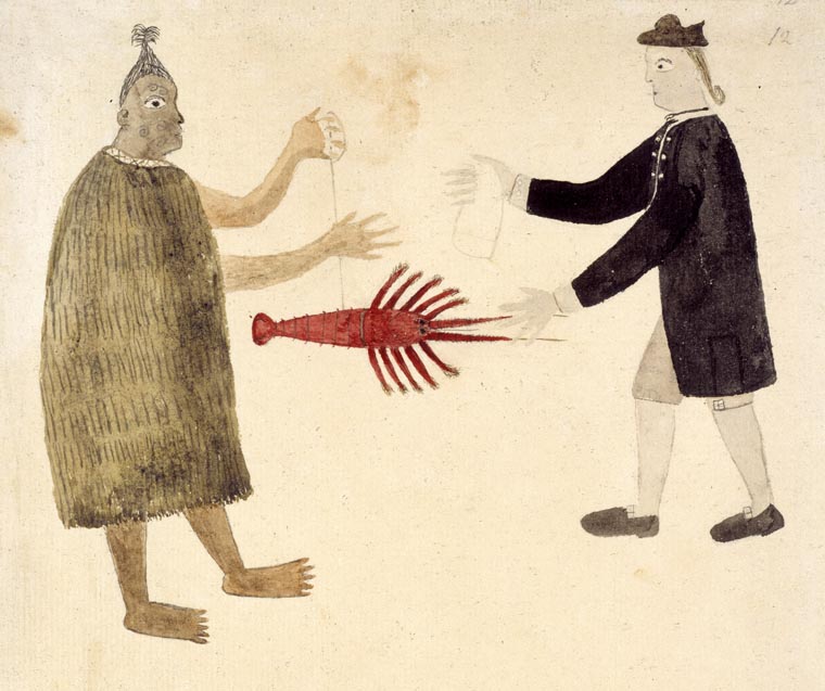 Painting of a Māori man with a lobster and English sailor.