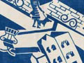 An abstract collage of shops combining industrial buildings, vehicles, fences, and other shapes, in blue ink on a white background. 