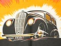 A cartoon representation of a car cresting over a ridge into a halo of bright orange light. The caption reads: ‘Just arrived! Brilliant new Morris Eight. See it – drive it today!’