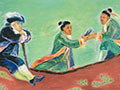 An exhibition poster featuring a painting in which a white man dressed in a hat and coat with breeches sits on the ground, while two Māori men with hair in buns dressed in green jackets exchange an object. The background sky looks green, a flax bush protrudes into the painting on the left, and the ground is coloured red with green swirls.