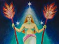 A large painting of a topless woman holding two flaming torches surrounded by seven of the stars of Matariki. There is a turquoise triangle behind her and a navy blue night sky. At the woman’s feet are skulls and in the corners of the painting are eggs.