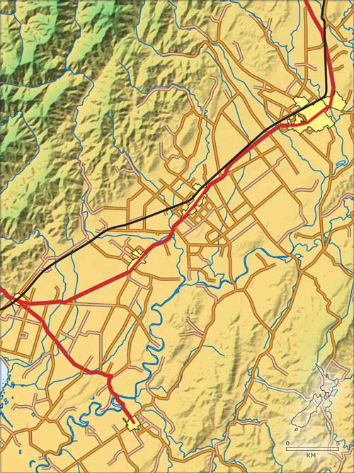 Map of the Wairarapa with towns marked, including clickable images to show the people the towns were named after