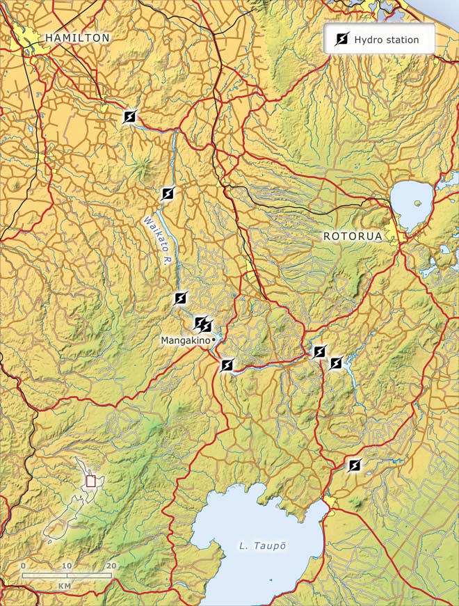 Map of the Waikato River and region, from Taupo to Hamilton, showing photographs of the hydroelectric stations along the river