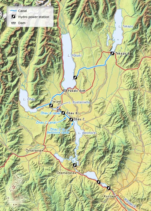 Map of the Tekapo basin and Waitaki River, with photographs of hydroelectric stations and canals in the area