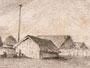 Sketch of buildings making up the mission station at Pūriri in the 1830s.