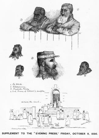 Sketches from the 1886 trial of Erueti Te Whiti-o-Rongomai III (top right) and Riwha Tītokowaru (top left)