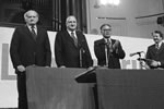 Jim Knox, Tom Skinner and Charles Bennett (from left) with Bill Rowling, 1975