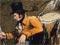 Man in top hat leans on a tree stump