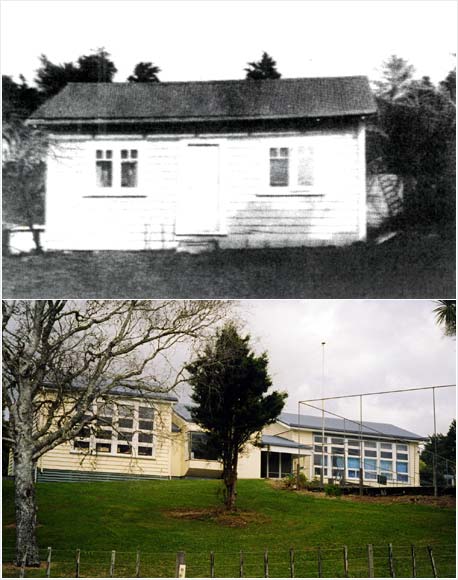 Two photos of same school  - one as single building the other as modern complex
