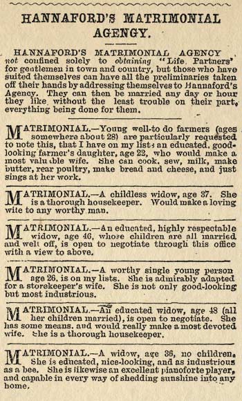 Hannaford's Matrimonial Agency, 1890