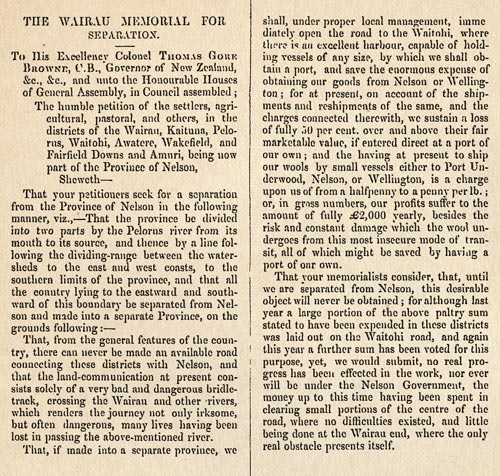 Petition for separation from Nelson province, 1857