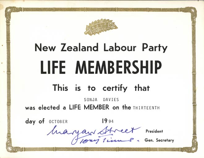 Sonja Davies' Labour Party life membership card