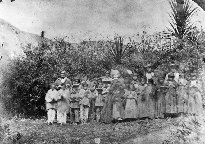 Ellen Spencer and daughters at Te Wairoa mission school