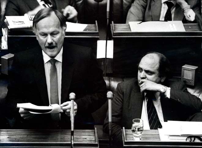 Roger Douglas reading the Budget, 1984