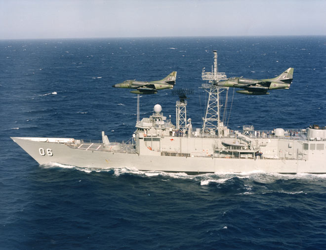 Royal New Zealand Air Force Skyhawks and a Royal Australian Navy ship