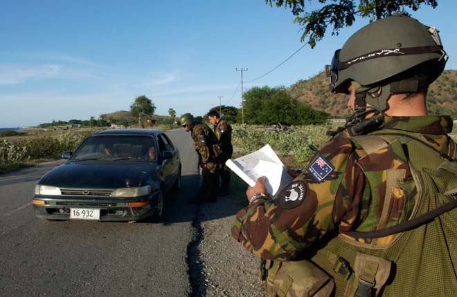 New Zealand military personnel at a checkpoint, Dili, East Timor, 2006