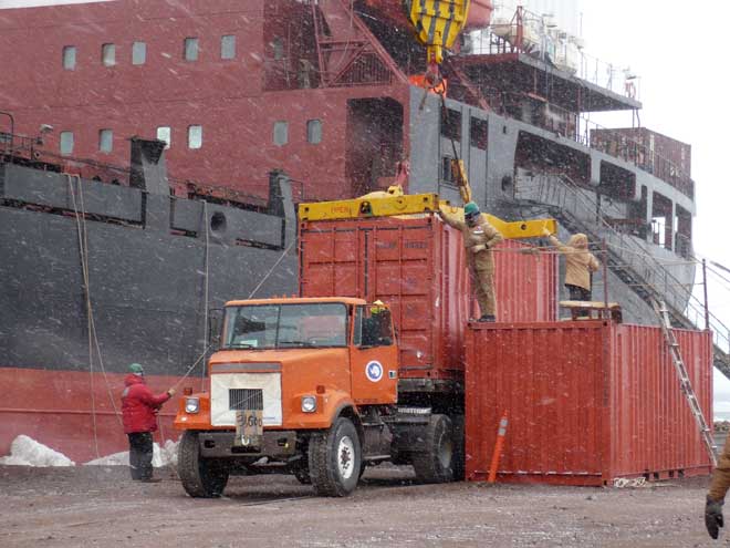 Offloading containers, Antarctica, 2008