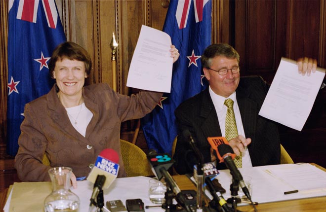 Helen Clark and Jim Anderton with their coalition agreement, 1999